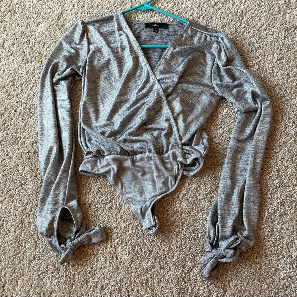 Lulu's Silver Wrap Bodysuit with Tie Sleeves